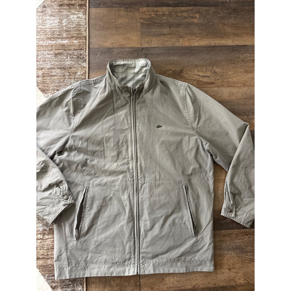 VTG Lacoste Mens Harrington Jacket Taupe Grey Plaid Lined Full Zip Size 52 5 L